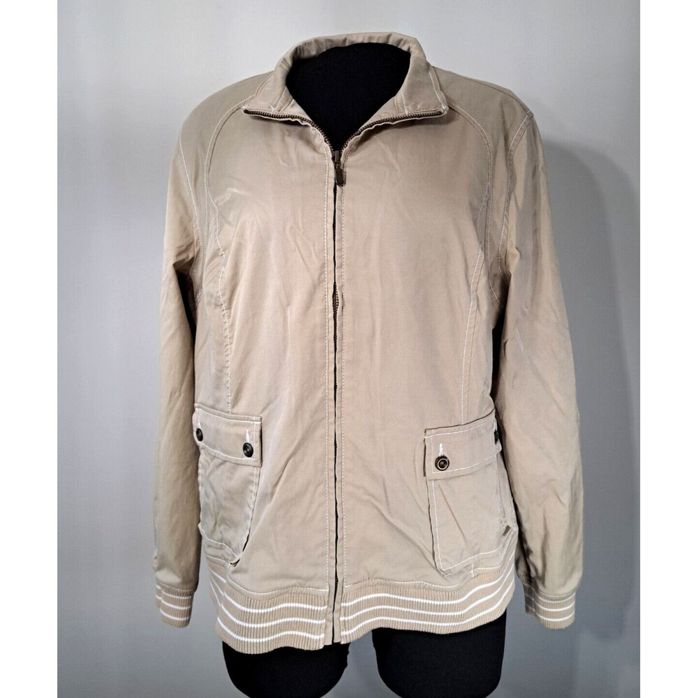 Chico's Zenergy Tan Full Zip Jacket w/ Striped Stretch Hem & Cuffs Size 2 (L/12)
